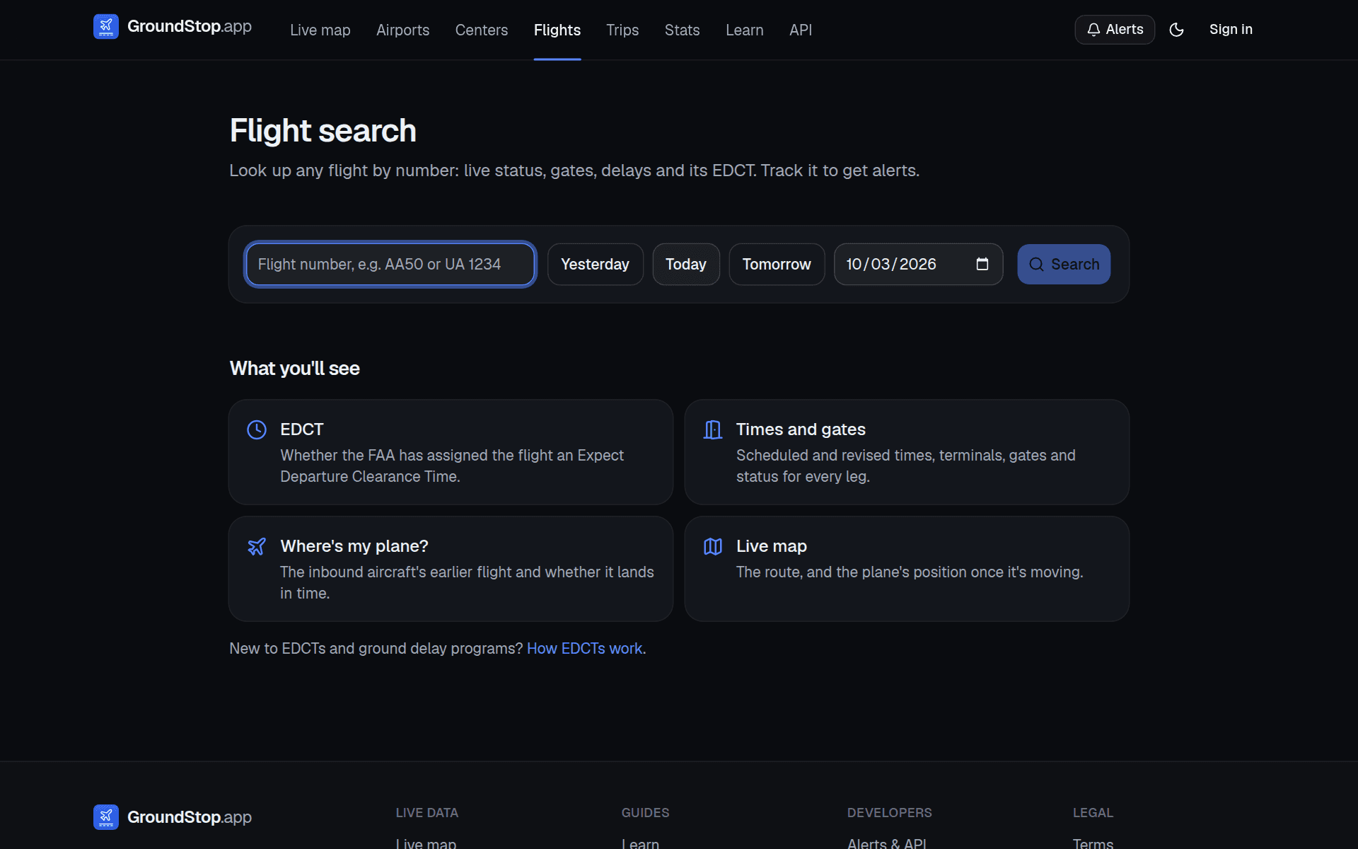 GroundStop.app flight lookup with EDCT, times and gates