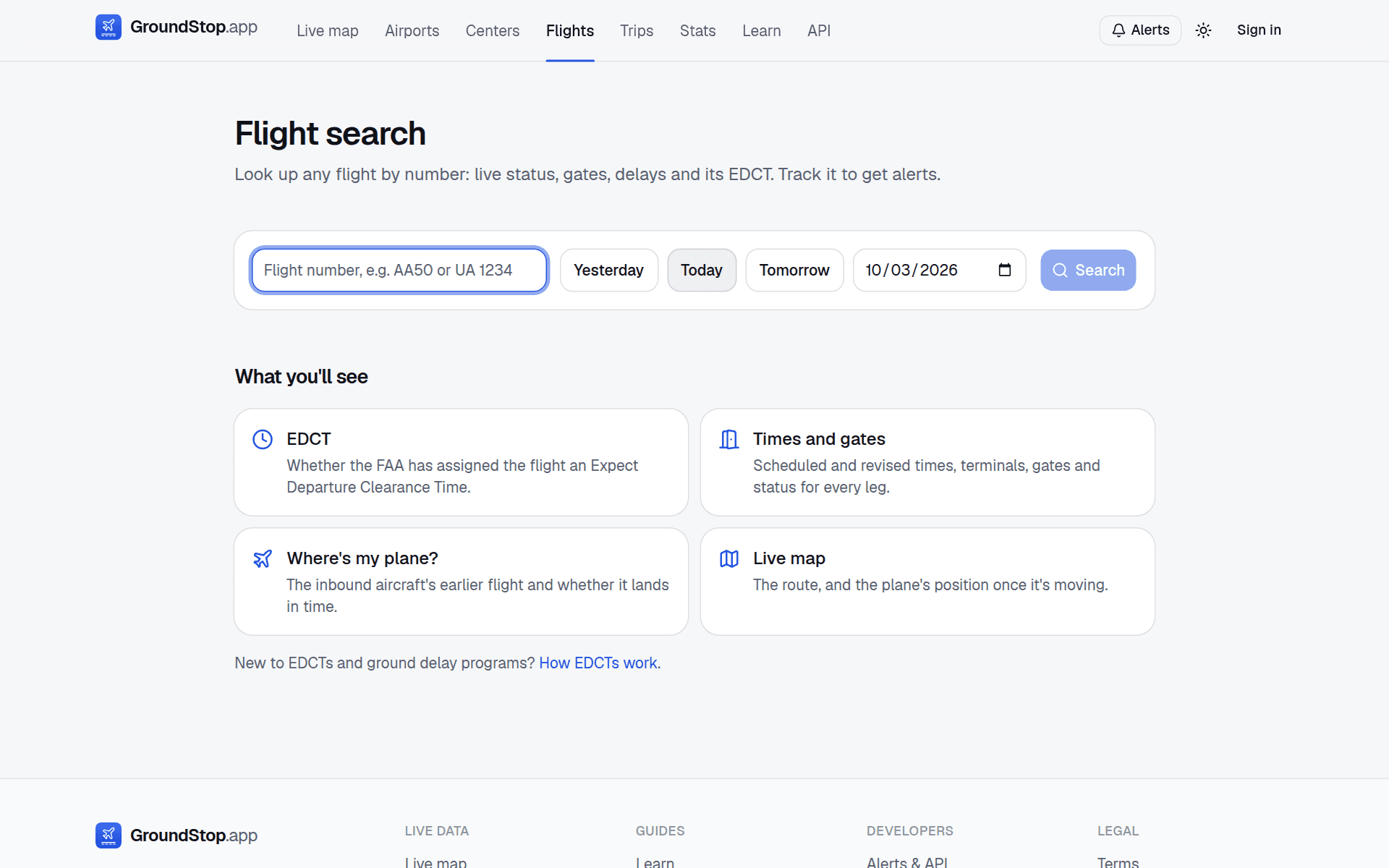GroundStop.app flight lookup with EDCT, times and gates