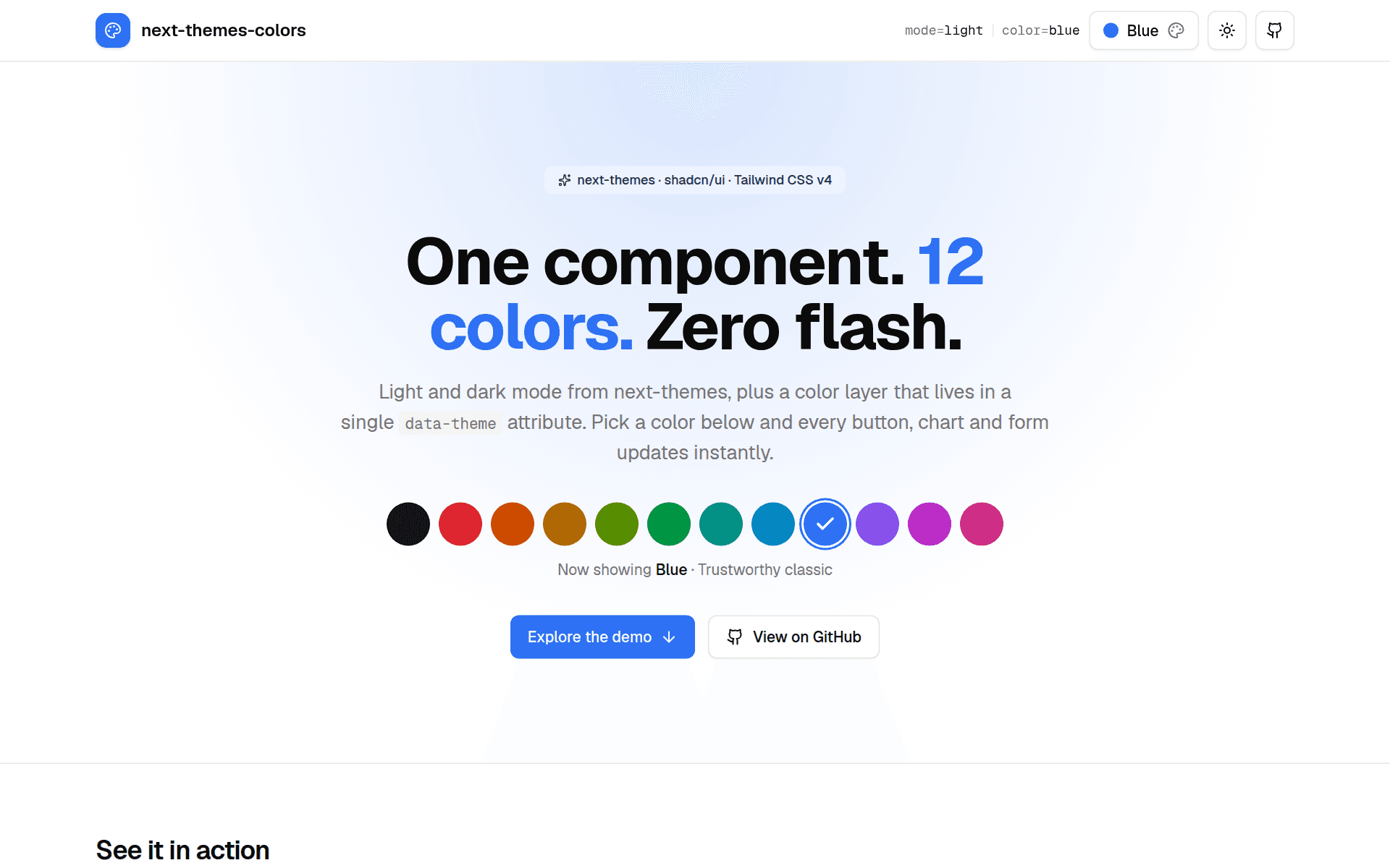 next-themes-colors demo page with a row of twelve color swatches